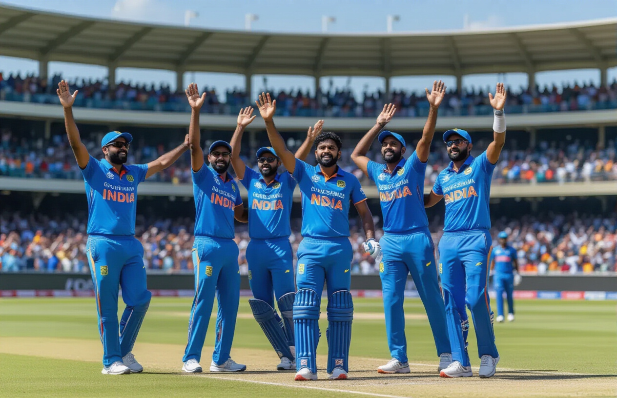Create a realistic image of Sri Lankan male cricketers in their blue team jerseys celebrating on a cricket field, with players of South Asian ethnicity raising their arms in triumph, cricket stadium stands filled with cheering spectators in the background, bright daylight with clear blue sky, cricket stumps and pitch visible, capturing the energy and consistency of their tournament performance, Absolutely NO text should be in the scene.