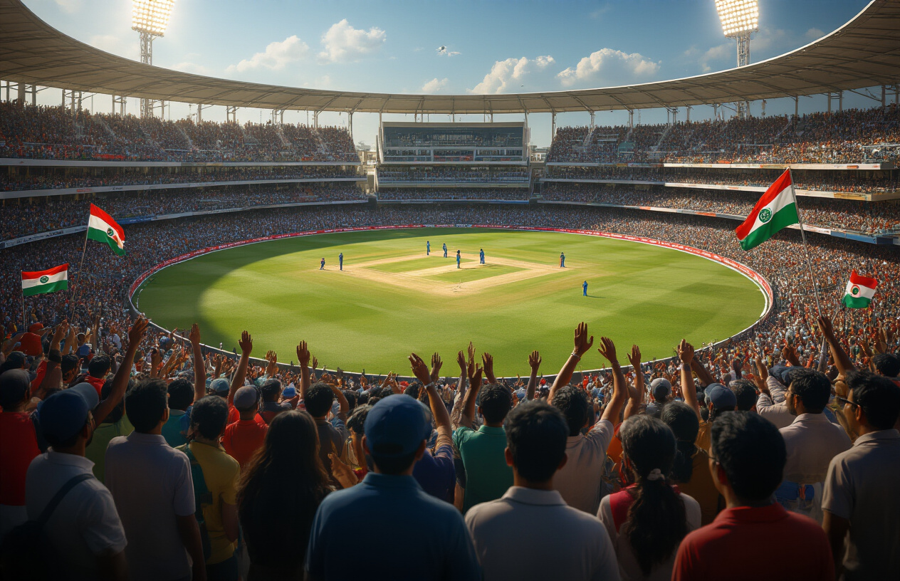 Create a realistic image of a panoramic view of a modern cricket stadium filled with diverse Asian spectators cheering, featuring flags from multiple Asian countries including Afghanistan, Bangladesh, and Sri Lanka waving in the crowd, with the cricket field visible in the background showing players in colorful team uniforms, under bright stadium lights creating an electric atmosphere that captures the competitive spirit and unity of Asian cricket, with coaches and officials of various Asian ethnicities (including South Asian male and female figures) visible in the foreground discussing strategy, all set against a backdrop that symbolizes the growth and evolution of cricket across the Asian continent, absolutely NO text should be in the scene.