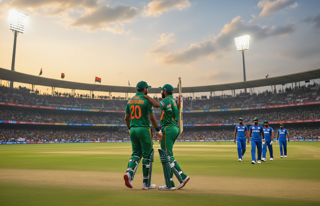 Create a realistic image of a cricket stadium during the Asia Cup with Bangladesh and Sri Lankan cricket players celebrating together in the foreground, while Afghan players of South Asian descent walk off the field in the background looking disappointed, the stadium filled with colorful banners and cheering crowds, dramatic evening lighting with floodlights illuminating the green cricket field, capturing the mixed emotions of victory and elimination in this crucial tournament moment, absolutely NO text should be in the scene.