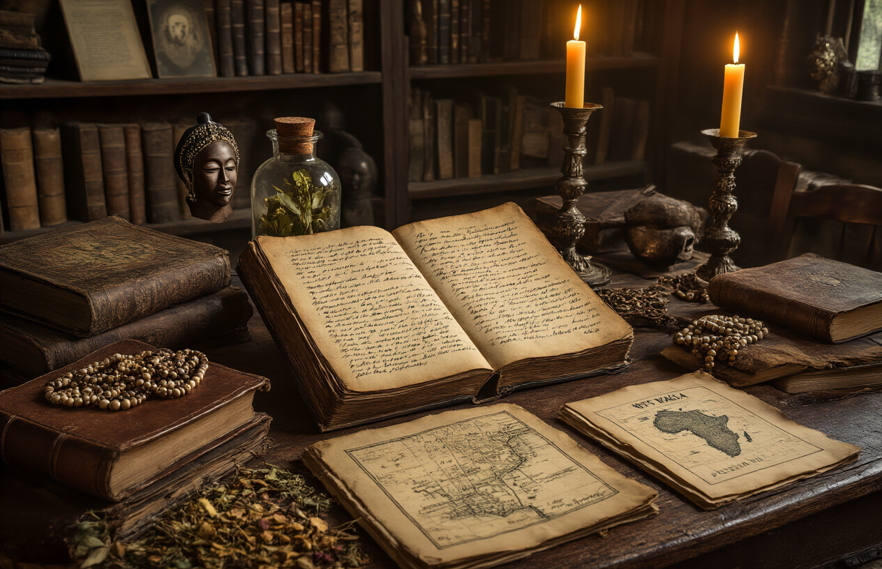 Create a realistic image of an antique wooden table displaying historical artifacts related to New Orleans Voodoo origins, including aged handwritten journals with yellowed pages, old botanical specimens in glass vials, traditional African masks, worn prayer beads, vintage maps of West Africa and Haiti, faded photographs from the 1800s showing New Orleans street scenes, candles in ornate holders casting warm golden light, and dried herbs scattered across weathered leather-bound books, all set against a dimly lit room with wooden shelves filled with historical documents, creating an atmospheric scholarly environment that represents the historical research and cultural roots of New Orleans Voodoo traditions, absolutely NO text should be in the scene.