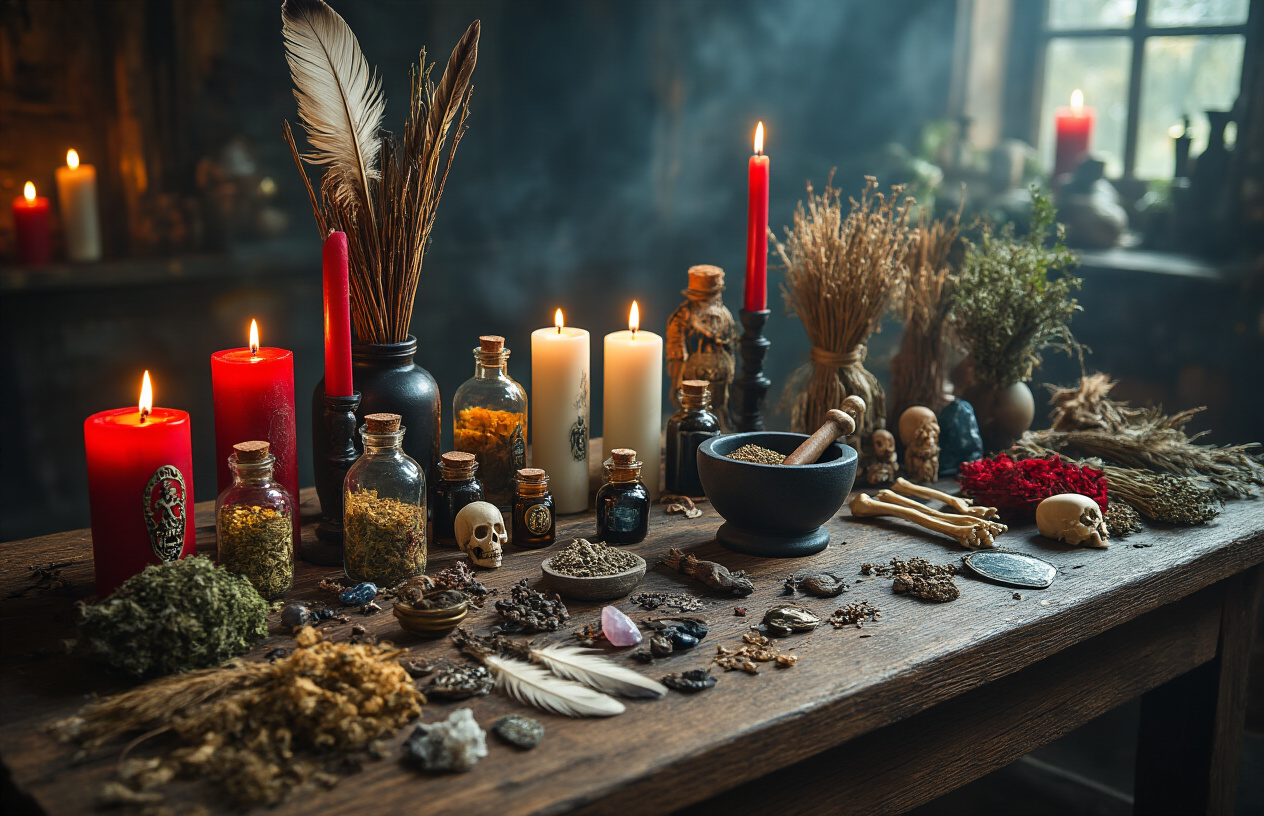 Create a realistic image of a wooden altar table covered with essential voodoo ritual tools including colorful candles (red, white, black), small glass bottles containing herbs and oils, crystals, feathers, bones, a mortar and pestle, dried plant bundles, metal charms, and ritual dolls arranged in an organized mystical display, set against a dimly lit atmospheric background with warm candlelight casting shadows, absolutely NO text should be in the scene.