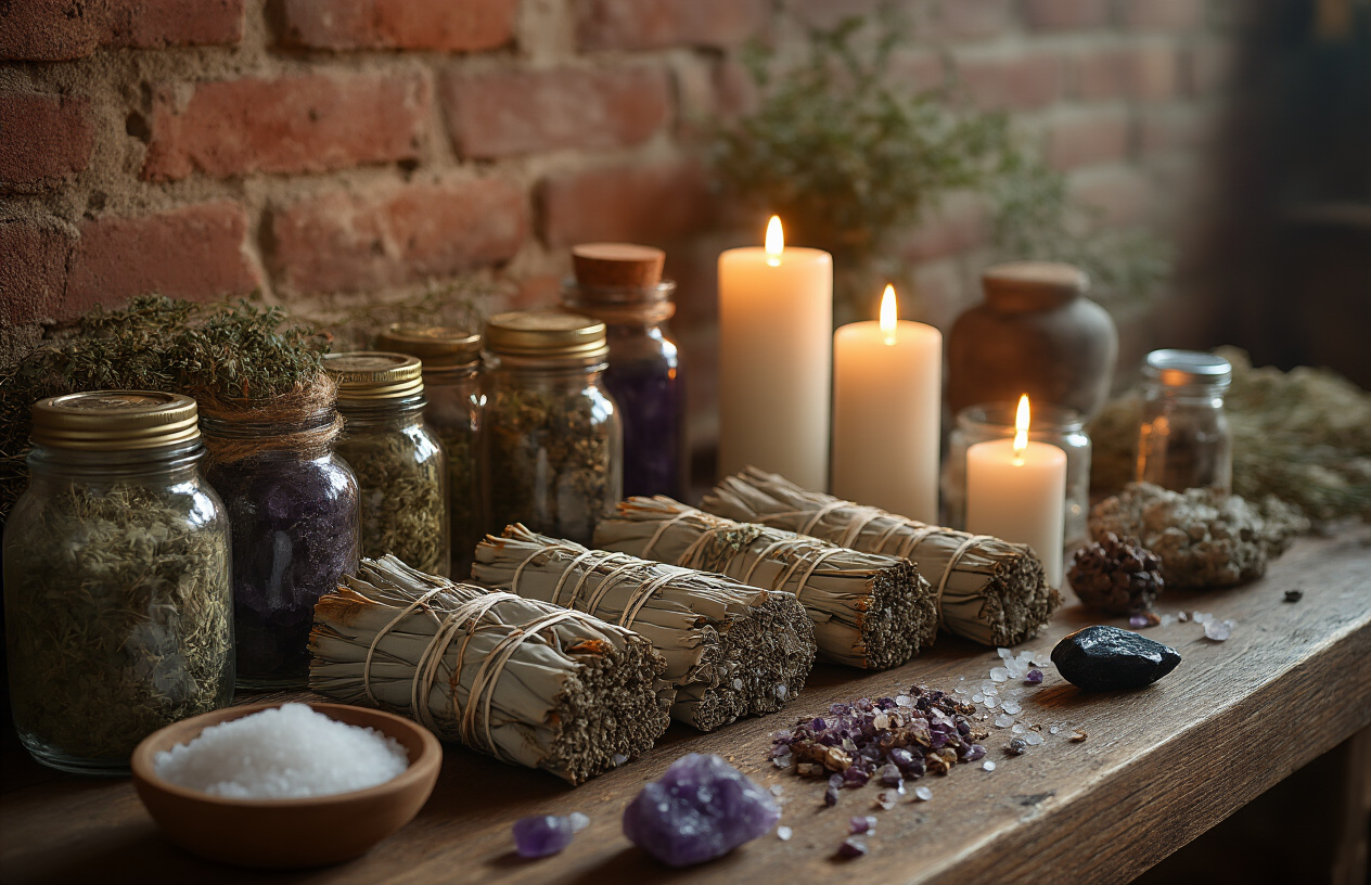 Create a realistic image of burning sage bundles and white candles arranged on a wooden altar table with protective crystals like black tourmaline and amethyst, surrounded by dried herbs in glass jars, salt circles, and traditional New Orleans spiritual items including gris-gris bags and blessed oils, set in a dimly lit room with warm candlelight creating mystical shadows on weathered brick walls, conveying a peaceful and sacred atmosphere of spiritual protection and cleansing rituals. Absolutely NO text should be in the scene.