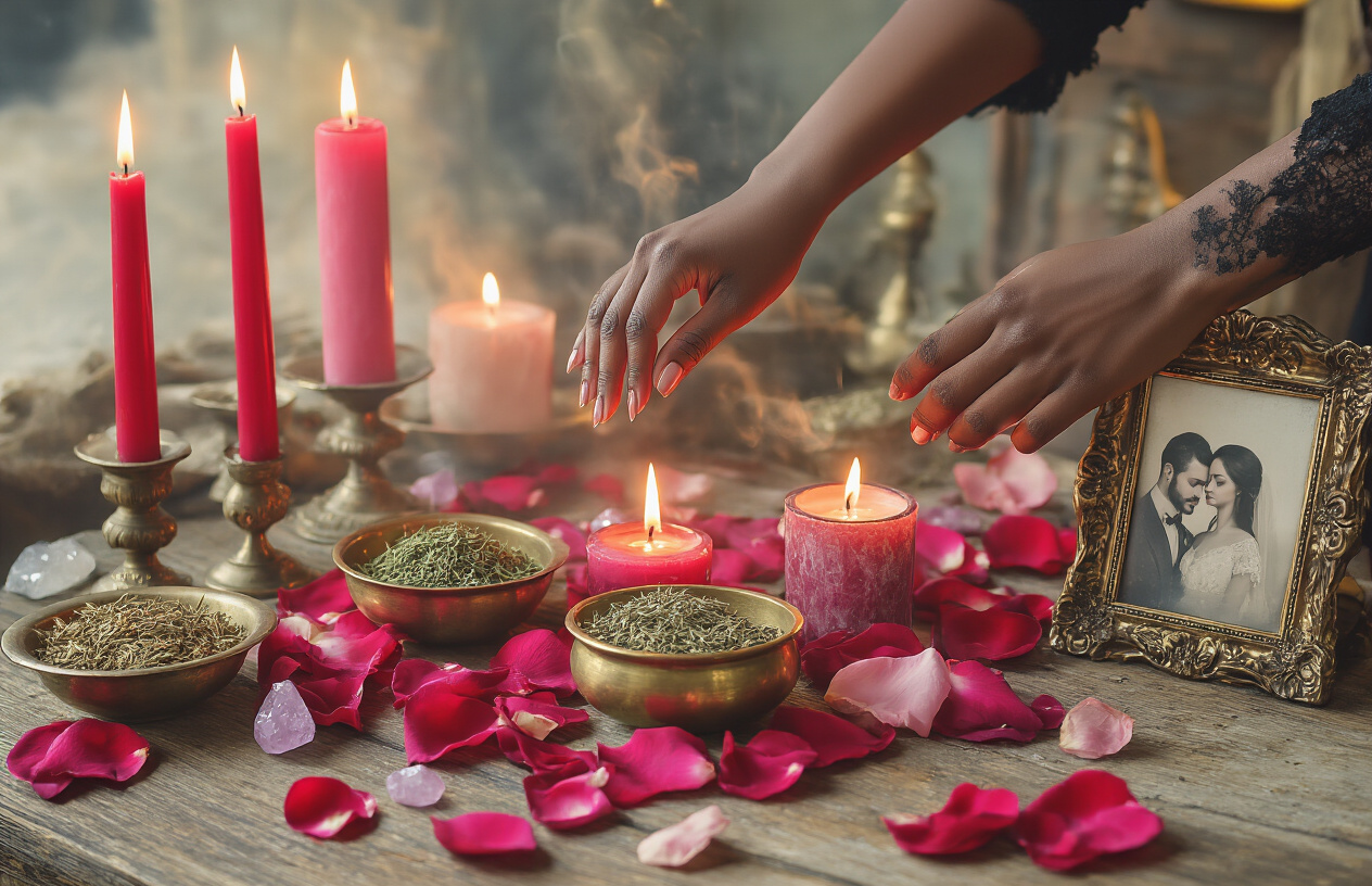 Create a realistic image of an intimate candlelit altar scene with red and pink candles of various heights burning brightly, scattered rose petals in deep red and pink tones, intertwined hands of a black woman and white man gently touching over the altar surface, vintage brass bowls containing dried herbs and crystals, antique ornate picture frames with romantic couple photos, soft warm golden lighting casting dancing shadows on weathered wooden surfaces, mysterious atmospheric mood with subtle incense smoke wisps in the background, Absolutely NO text should be in the scene.