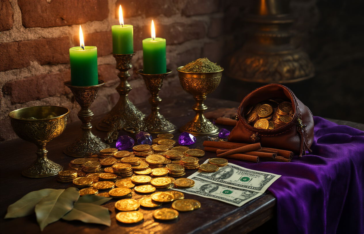 Create a realistic image of a dimly lit New Orleans voodoo altar featuring golden coins scattered across a dark wooden table, green candles burning with flickering flames, ornate brass chalices filled with herbs, dollar bills artfully arranged around crystal gemstones, a small leather pouch overflowing with coins, dried bay leaves and cinnamon sticks, purple silk cloth draped beneath the items, warm candlelight casting mysterious shadows on weathered brick walls, creating an atmosphere of mystical abundance and financial prosperity magic, absolutely NO text should be in the scene.