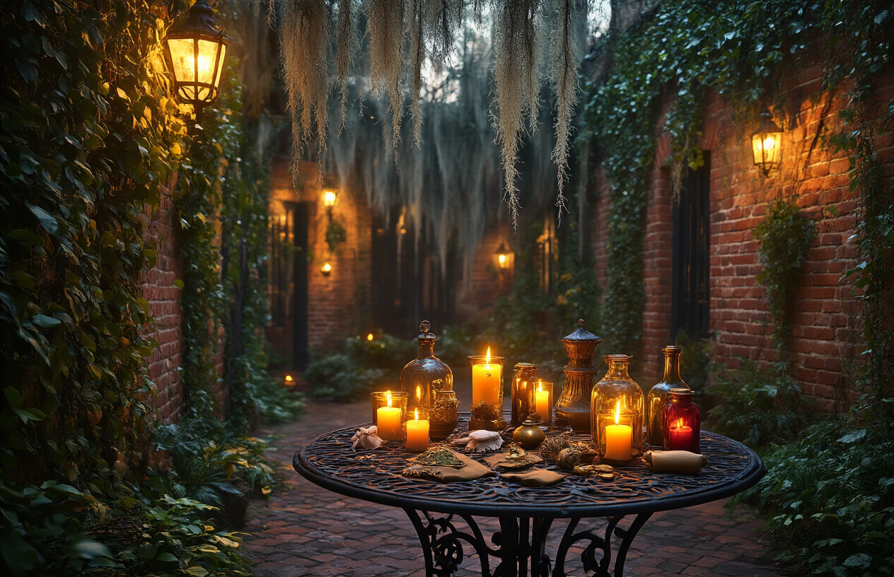 Create a realistic image of an ornate wooden altar table with intricate carved symbols, displaying various mystical timing tools including an antique brass pocket watch, lunar calendar with moon phases marked, burning candles of different colors arranged in specific patterns, aged leather-bound spell books with ribbons marking pages, crystal pendulums hanging at different lengths, and small glass vials containing colorful herbs and powders, all set in a dimly lit room with warm candlelight creating dancing shadows on weathered brick walls, conveying an atmosphere of ancient wisdom and precise magical timing, absolutely NO text should be in the scene.