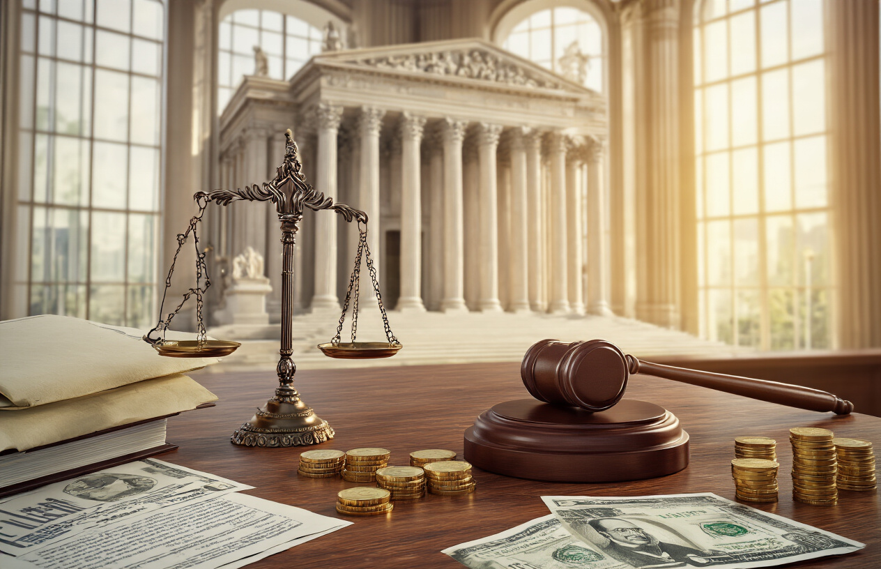 Create a realistic image of a professional courtroom scene with the Supreme Court of India architecture in the background, featuring scales of justice prominently displayed on a wooden desk, legal documents and case files scattered around, a gavel resting on its block, and Indian currency notes and coins symbolizing financial implications, with warm natural lighting streaming through tall windows creating a serious and contemplative atmosphere, Absolutely NO text should be in the scene.