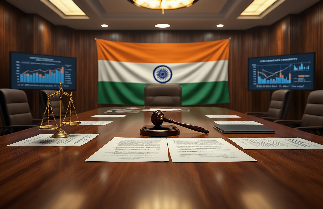 Create a realistic image of a modern government conference room with a large polished wooden table, official documents and legal papers scattered across the surface, a gavel and scales of justice prominently placed, Indian national flag in the background, warm professional lighting from overhead fixtures, serious analytical atmosphere suggesting policy deliberation, with charts and graphs on wall displays showing telecommunications data, absolutely NO text should be in the scene.