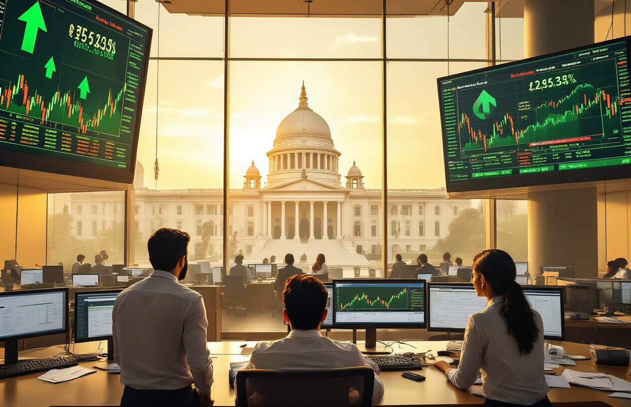 Create a realistic image of a modern Indian stock market trading floor with multiple large digital screens displaying green upward arrows and rising stock charts, showing Vodafone Idea share price trends, with Indian male and female traders in business attire looking optimistic and engaged, warm golden lighting suggesting hope and positive momentum, Supreme Court building subtly visible through large windows in the background, contemporary office environment with computers and financial documents, absolutely NO text should be in the scene.