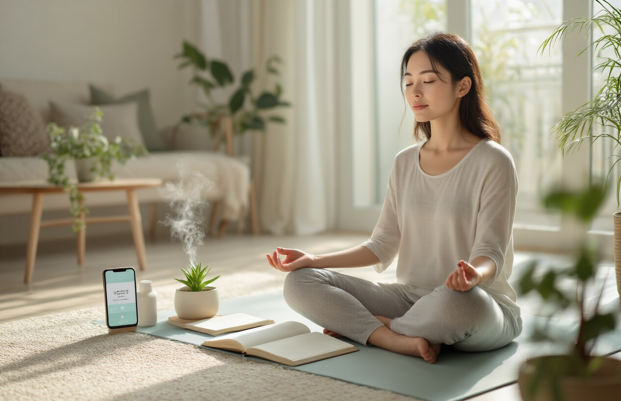 Create a realistic image of a peaceful Asian female in her early 30s sitting cross-legged on a yoga mat in a bright, minimalist living room, eyes closed in meditation with hands resting gently on her knees, surrounded by wellness elements including a journal with a pen, a small potted plant, essential oil diffuser releasing gentle mist, and a smartphone displaying a mindfulness app interface, soft natural lighting streaming through large windows, creating a serene atmosphere that emphasizes the integration of mental health practices into daily life, with calming neutral tones of white, beige, and soft green throughout the scene, absolutely NO text should be in the scene.