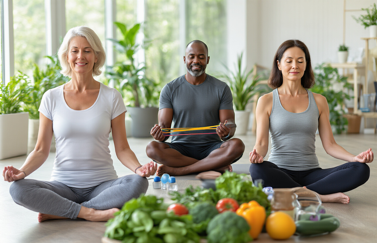 Create a realistic image of a diverse group of middle-aged adults including a white female, black male, and Asian female engaging in longevity-focused activities in a modern wellness center, with one person doing yoga poses, another using resistance bands for strength training, and the third meditating peacefully, surrounded by healthy elements like fresh vegetables, supplements, water bottles, and fitness equipment, set in a bright, airy space with natural lighting streaming through large windows, plants in the background, and a serene, health-conscious atmosphere that emphasizes vitality and wellness, absolutely NO text should be in the scene.