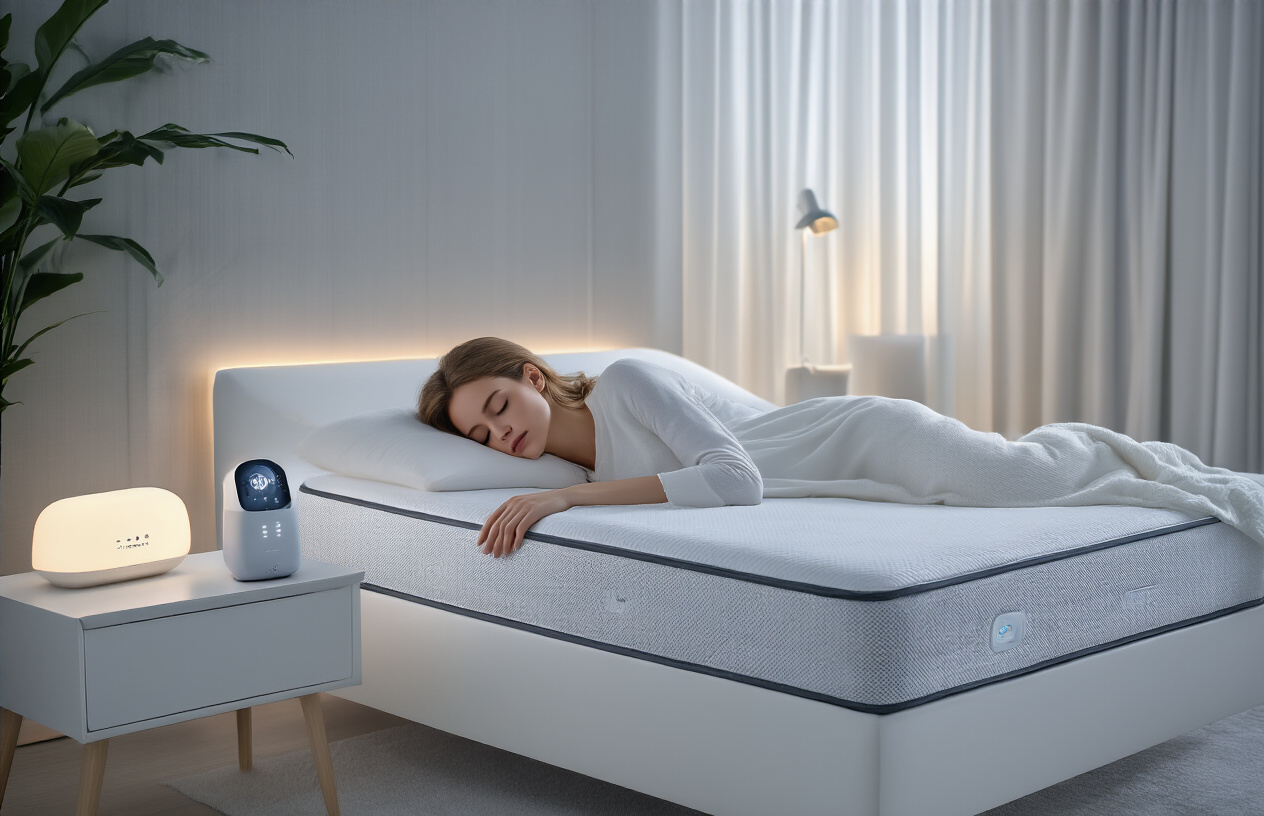 Create a realistic image of a modern bedroom scene featuring a white female person sleeping peacefully on a smart mattress with integrated sensors and LED indicators, surrounded by advanced sleep technology including a sleek sleep tracking device on the nightstand, soft ambient lighting from smart bulbs, blackout curtains, a white noise machine, and recovery equipment like compression sleeves nearby, set in a minimalist contemporary bedroom with clean lines and calming neutral colors, captured in soft evening lighting that emphasizes the serene and high-tech sleep environment, absolutely NO text should be in the scene.