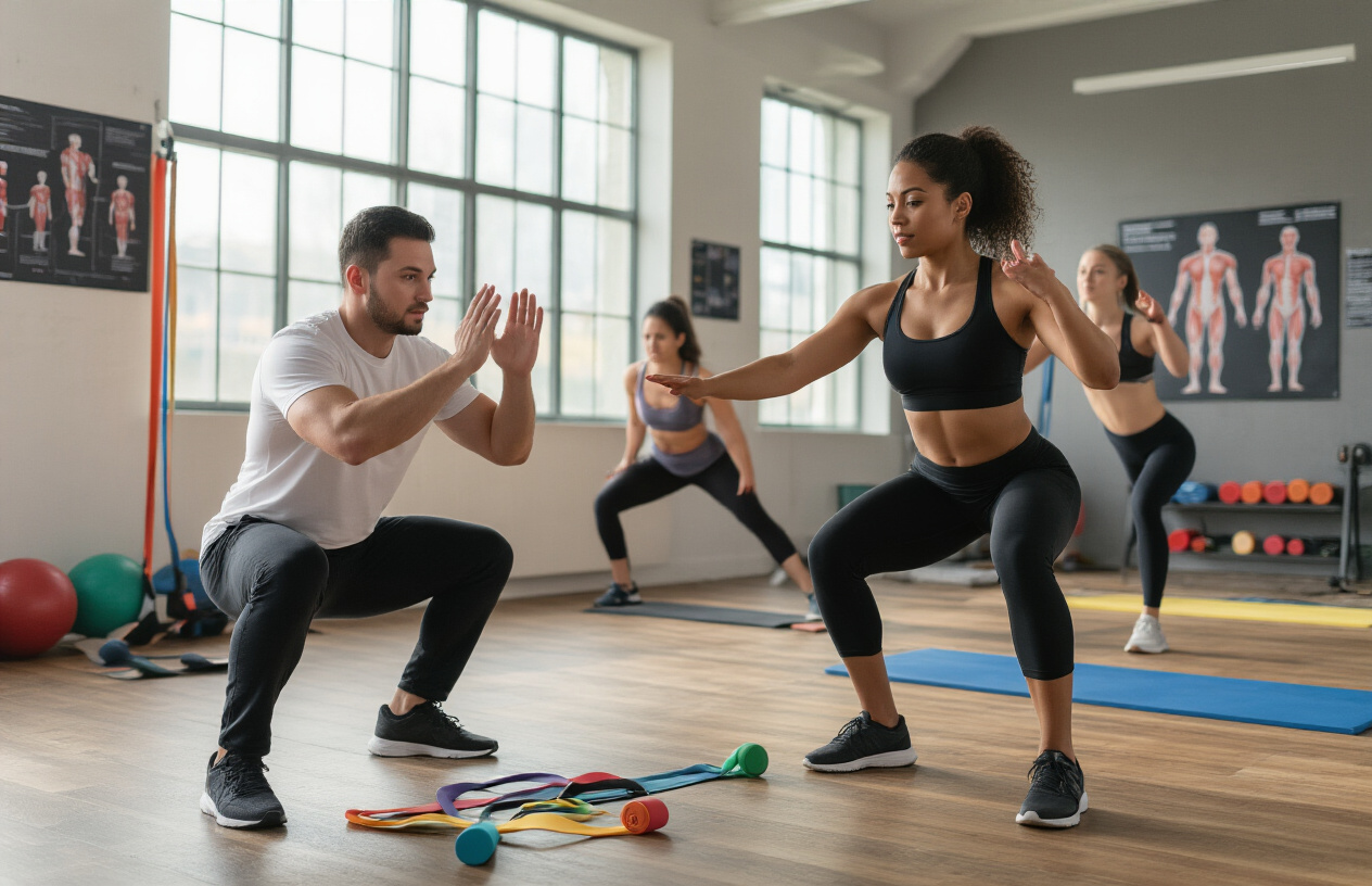 Create a realistic image of a diverse group of people performing functional movement exercises in a modern fitness studio, featuring a white male personal trainer demonstrating proper squat form while a black female client mirrors the movement, with an Asian female doing lunges in the background, colorful resistance bands and foam rollers scattered on wooden floors, large windows providing natural lighting, exercise mats arranged systematically, and anatomical charts on walls showing proper body mechanics, capturing a professional yet approachable atmosphere focused on injury prevention through correct movement patterns, absolutely NO text should be in the scene.