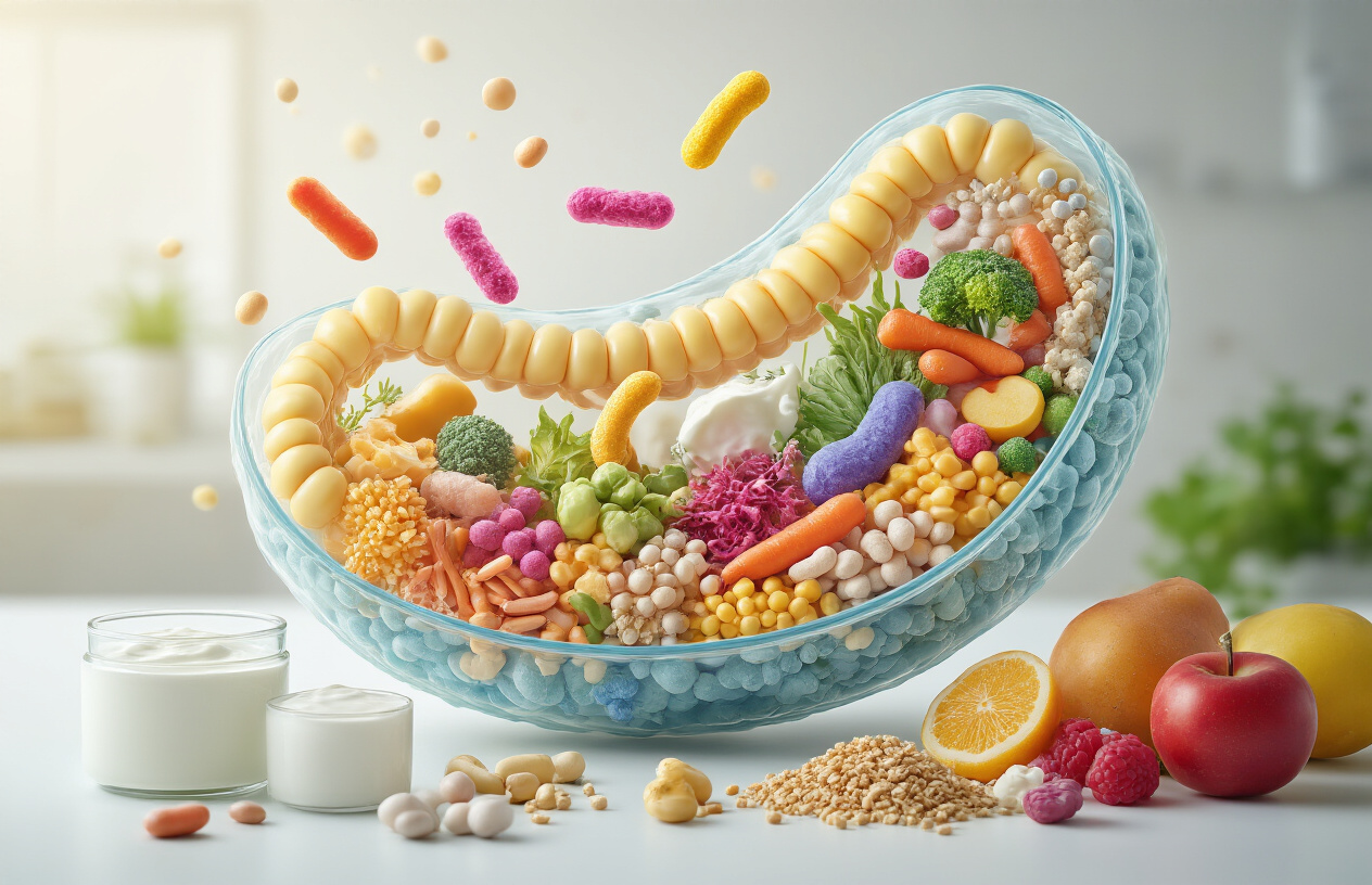 Create a realistic image of a vibrant cross-section view of the human digestive system showing colorful beneficial bacteria and microorganisms floating around the intestinal walls, with probiotic-rich foods like yogurt, kefir, fermented vegetables, and fiber-rich fruits arranged in the foreground, set against a clean white medical background with soft, professional lighting that emphasizes the health and wellness theme, absolutely NO text should be in the scene.