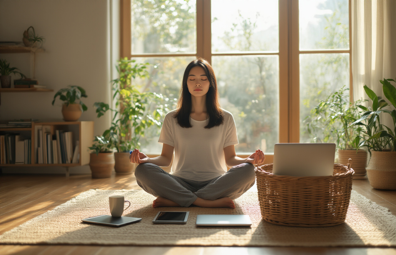 Create a realistic image of a peaceful Asian female in her 30s sitting cross-legged on a wooden floor in a minimalist living room, with multiple digital devices (smartphone, tablet, laptop) placed deliberately in a wicker basket beside her, soft natural lighting streaming through large windows, plants and books visible in the background, the woman appearing calm and meditative with eyes closed, creating a serene atmosphere that contrasts technology with mindfulness, warm earth tones throughout the scene, absolutely NO text should be in the scene.