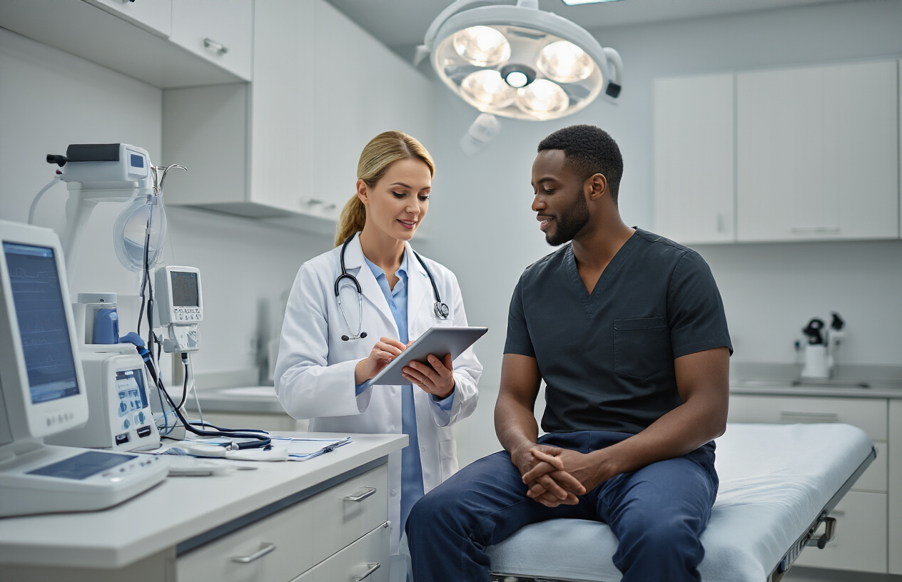 Create a realistic image of a modern medical examination room with a white female doctor in a lab coat using a digital tablet to review test results while a black male patient sits on an examination table, medical diagnostic equipment including a stethoscope, blood pressure monitor, and health screening devices visible on a clean counter, bright clinical lighting, sterile white and light blue color scheme, professional healthcare atmosphere focused on early detection and prevention, absolutely NO text should be in the scene.
