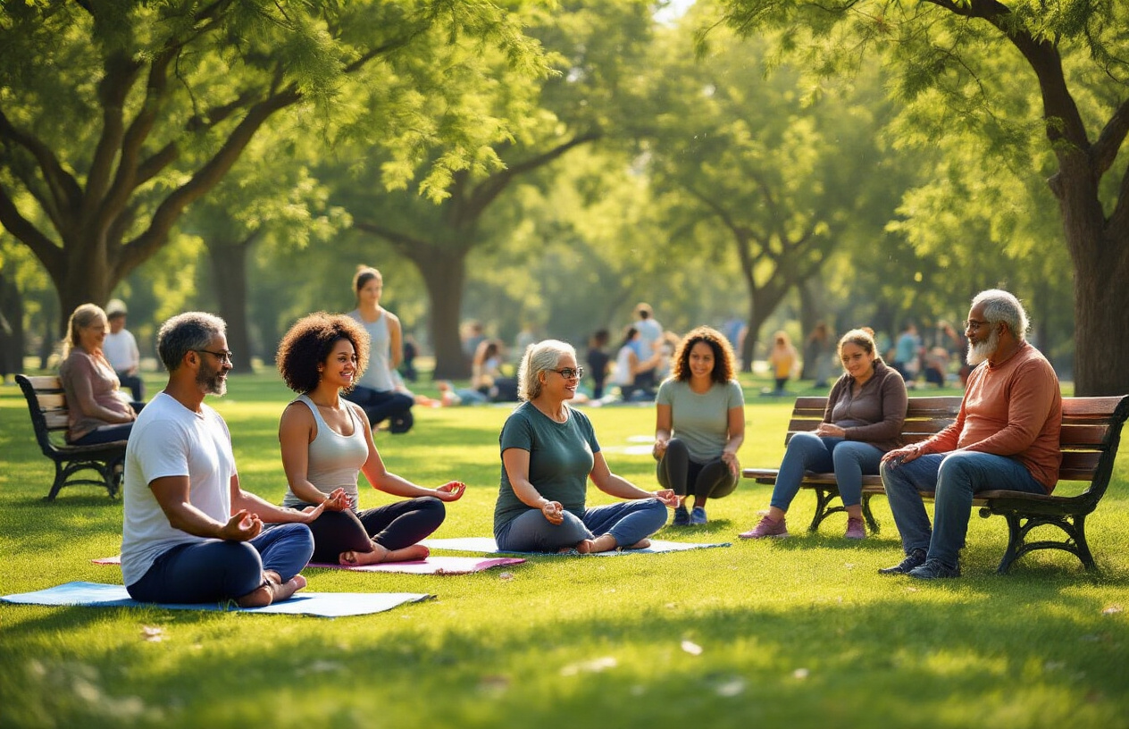 Create a realistic image of a diverse group of people including white, black, and Hispanic men and women of various ages engaged in outdoor community wellness activities in a park setting, with some doing yoga on mats, others participating in a walking group, and a few having healthy conversations while sitting on benches, surrounded by green trees and open grass areas under warm natural sunlight, creating a welcoming and inclusive atmosphere that emphasizes social connection and collective health, absolutely NO text should be in the scene.
