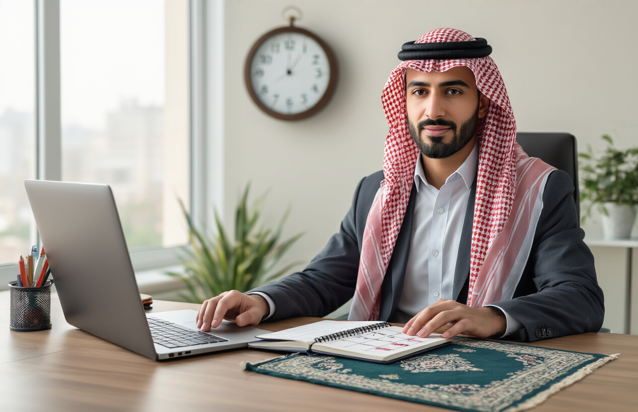 Create a realistic image of a middle eastern male professional sitting at a modern office desk with an open laptop, a daily planner showing blocked time slots for prayers, a small prayer rug neatly folded beside office supplies, a wall clock showing different time zones, and a peaceful indoor setting with soft natural lighting from a window, conveying organization and spiritual mindfulness in a workplace environment, absolutely NO text should be in the scene.
