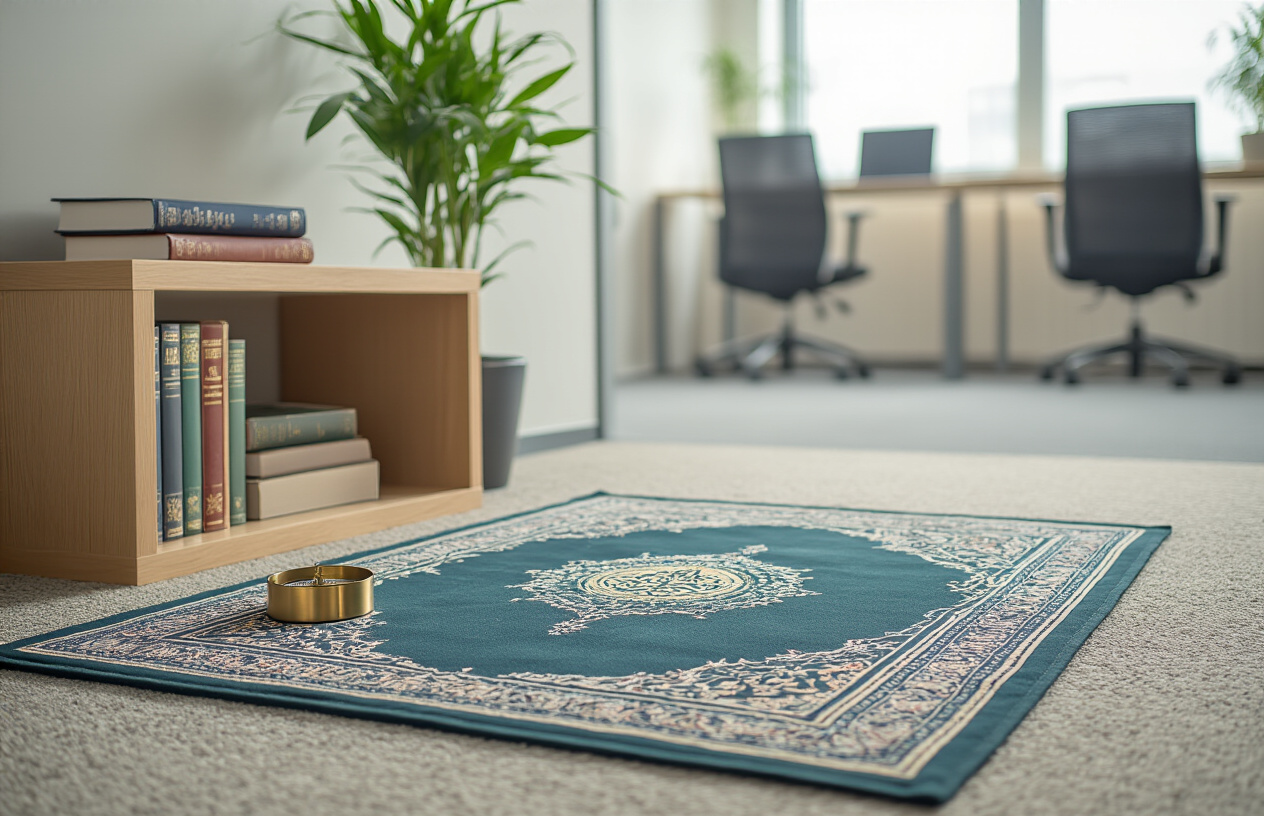 Create a realistic image of a small, peaceful prayer area set up in a modern office environment, featuring a prayer mat placed on the floor in a quiet corner, a small wooden shelf with religious books, a compass for direction, and perhaps a plant for tranquility, with soft natural lighting from a nearby window, office desks and chairs visible in the background to establish the workplace setting, creating a serene and respectful atmosphere that balances professional and spiritual needs, absolutely NO text should be in the scene.