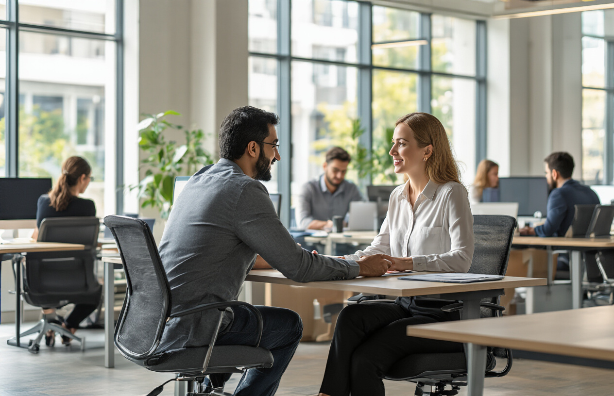 Create a realistic image of a diverse professional office setting where a middle-eastern male employee is having a respectful conversation with his white female manager at a modern desk, both appearing engaged and understanding, with other colleagues of various ethnicities working quietly in the background at their workstations, warm natural lighting from large windows creating a welcoming atmosphere, modern office furniture and computers visible, professional business attire worn by all individuals, the scene conveying mutual respect and open communication in a contemporary workplace environment, absolutely NO text should be in the scene.