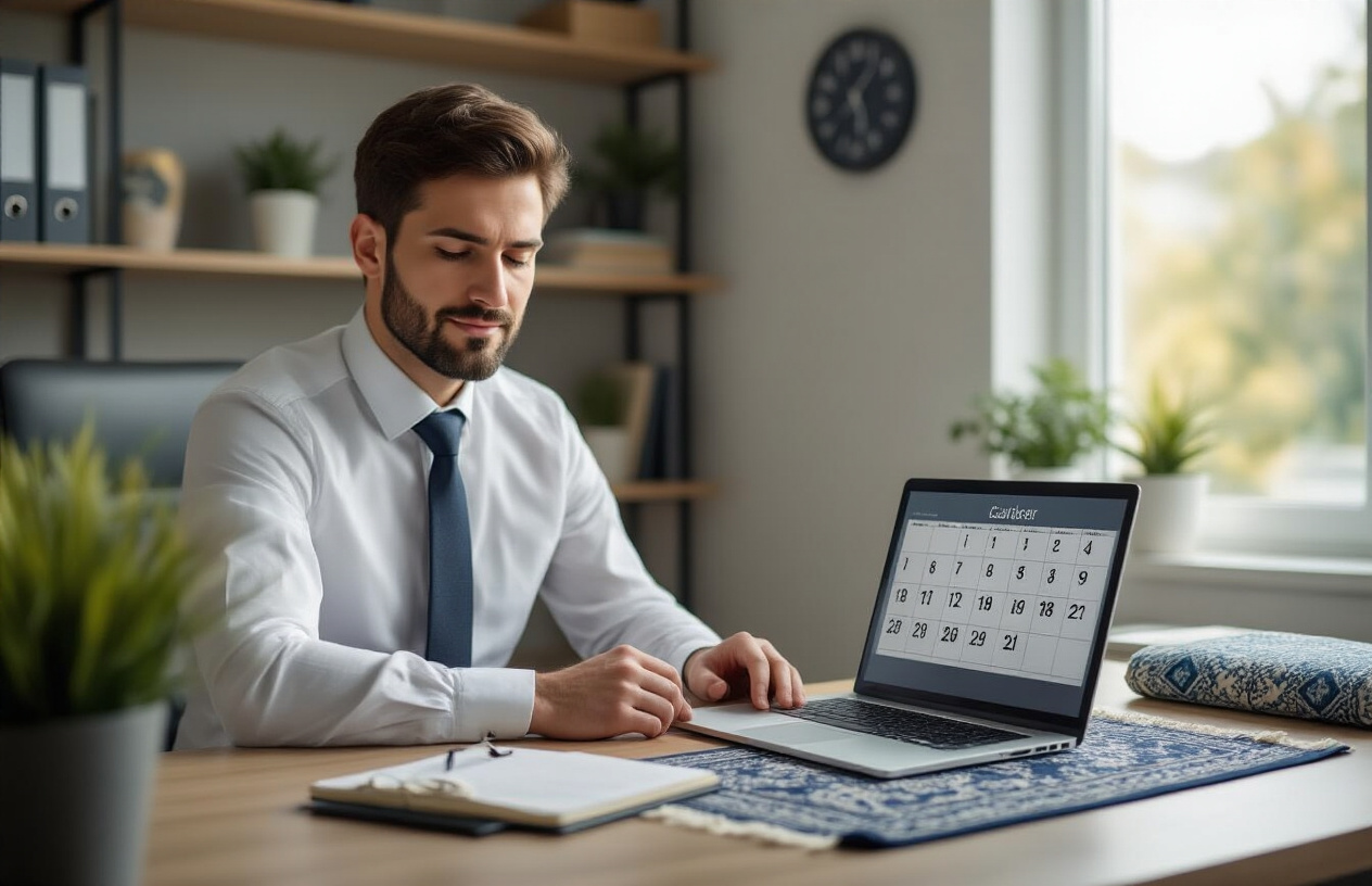 Create a realistic image of a white male professional in business attire sitting at a modern desk with a laptop, calendar, and planner open, showing scheduled prayer times marked alongside work meetings, with a prayer mat neatly folded nearby, a wall clock visible in the background, soft natural lighting from a window, conveying organization and balance between spiritual and professional life, absolutely NO text should be in the scene.