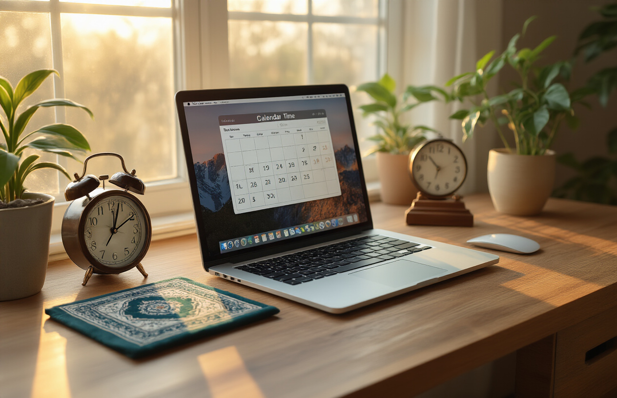 Create a realistic image of a peaceful workspace showing a wooden desk with an open laptop displaying a calendar app with prayer time notifications, a prayer mat folded neatly beside the desk, a small clock showing different time zones, and a potted plant in soft natural lighting from a window, creating a harmonious atmosphere that represents the successful integration of professional responsibilities and spiritual practices, with warm golden hour lighting casting gentle shadows across the organized space. Absolutely NO text should be in the scene.