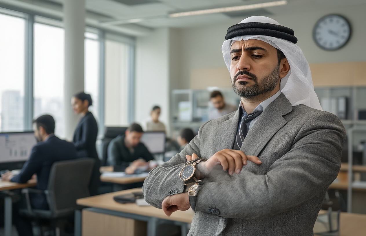Create a realistic image of a diverse office workplace showing a Middle Eastern male employee in business attire discreetly checking his watch while looking concerned, with colleagues working at desks in the background, fluorescent office lighting, showing the tension between professional responsibilities and personal religious obligations, modern corporate environment with computers and office furniture, subtle clock on the wall showing a challenging time conflict, professional yet contemplative mood. Absolutely NO text should be in the scene.