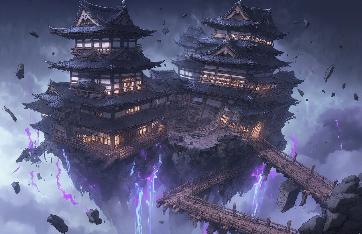 Create a realistic image of an ethereal floating castle with traditional Japanese architecture suspended in a dark void, featuring multiple interconnected levels with wooden bridges and platforms, illuminated by glowing purple and blue mystical energy, with floating debris and architectural fragments scattered around the structure, creating an otherworldly and mysterious atmosphere that represents the supernatural setting of the Infinity Castle from the Demon Slayer series, with dramatic lighting casting deep shadows and highlighting the intricate details of the castle's design, absolutely NO text should be in the scene.