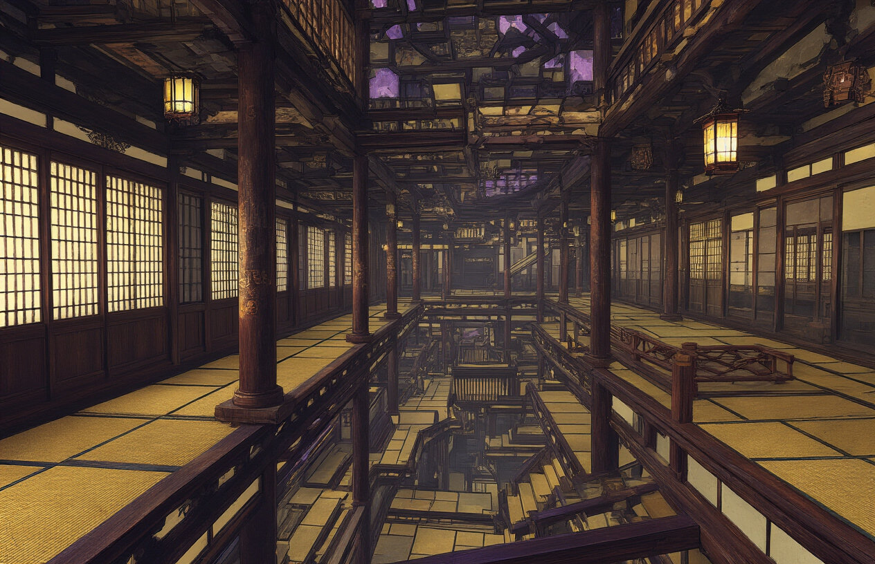 Create a realistic image of an otherworldly Japanese castle interior with impossible geometric architecture, featuring twisted corridors that defy gravity, floating wooden platforms connected by traditional sliding doors, tatami mats on walls and ceilings, ornate pillars extending in multiple directions, dark wooden beams creating maze-like pathways, traditional Japanese lanterns casting eerie shadows, sliding shoji screens positioned at impossible angles, a supernatural atmosphere with dim purple and golden lighting filtering through the structure, wooden floors that curve upward into walls, and an endless labyrinthine design that creates a sense of infinite space and disorientation, absolutely NO text should be in the scene.