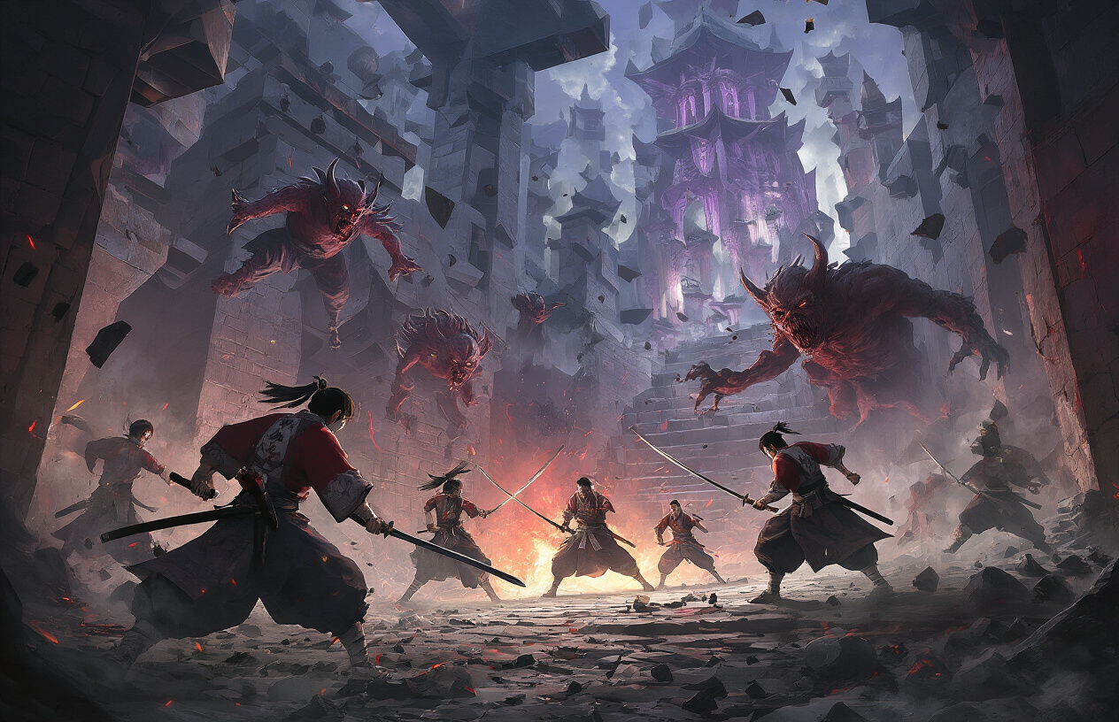 Create a realistic image of an intense battle scene inside a twisted, impossible castle with shifting geometric corridors and floating platforms, featuring Japanese warriors in traditional demon slayer uniforms wielding katana swords mid-combat against grotesque demonic creatures, with dynamic action poses showing slashing movements and defensive stances, dramatic lighting with contrasting shadows and bright flashes from sword techniques, debris and architectural fragments floating in the air, dark atmospheric mood with purple and red tones emanating from the supernatural castle walls, absolutely NO text should be in the scene.