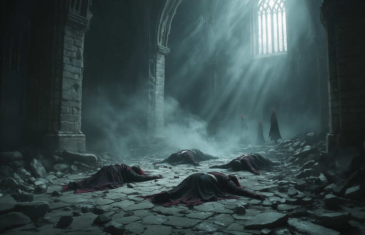 Create a realistic image of a somber, dimly lit scene showing fallen demon slayer warriors lying motionless on a fractured, otherworldly castle floor with broken stone debris scattered around, dark atmospheric lighting casting long shadows, with ethereal mist or smoke drifting through the air, capturing a sense of loss and tragedy in a supernatural setting, absolutely NO text should be in the scene.