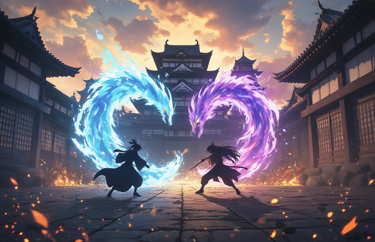 Create a realistic image of a dramatic anime-style scene showcasing exceptional animation quality with fluid motion blur effects, vibrant supernatural energy auras in blues and purples, detailed character silhouettes mid-combat against an ornate Japanese castle interior with intricate wooden architecture, dynamic lighting casting dramatic shadows, particle effects of glowing embers and energy sparks filling the air, elaborate background details showing traditional sliding doors and decorative panels, cinematic composition emphasizing visual spectacle and high production values, moody atmospheric lighting with contrasting bright and dark areas, absolutely NO text should be in the scene.