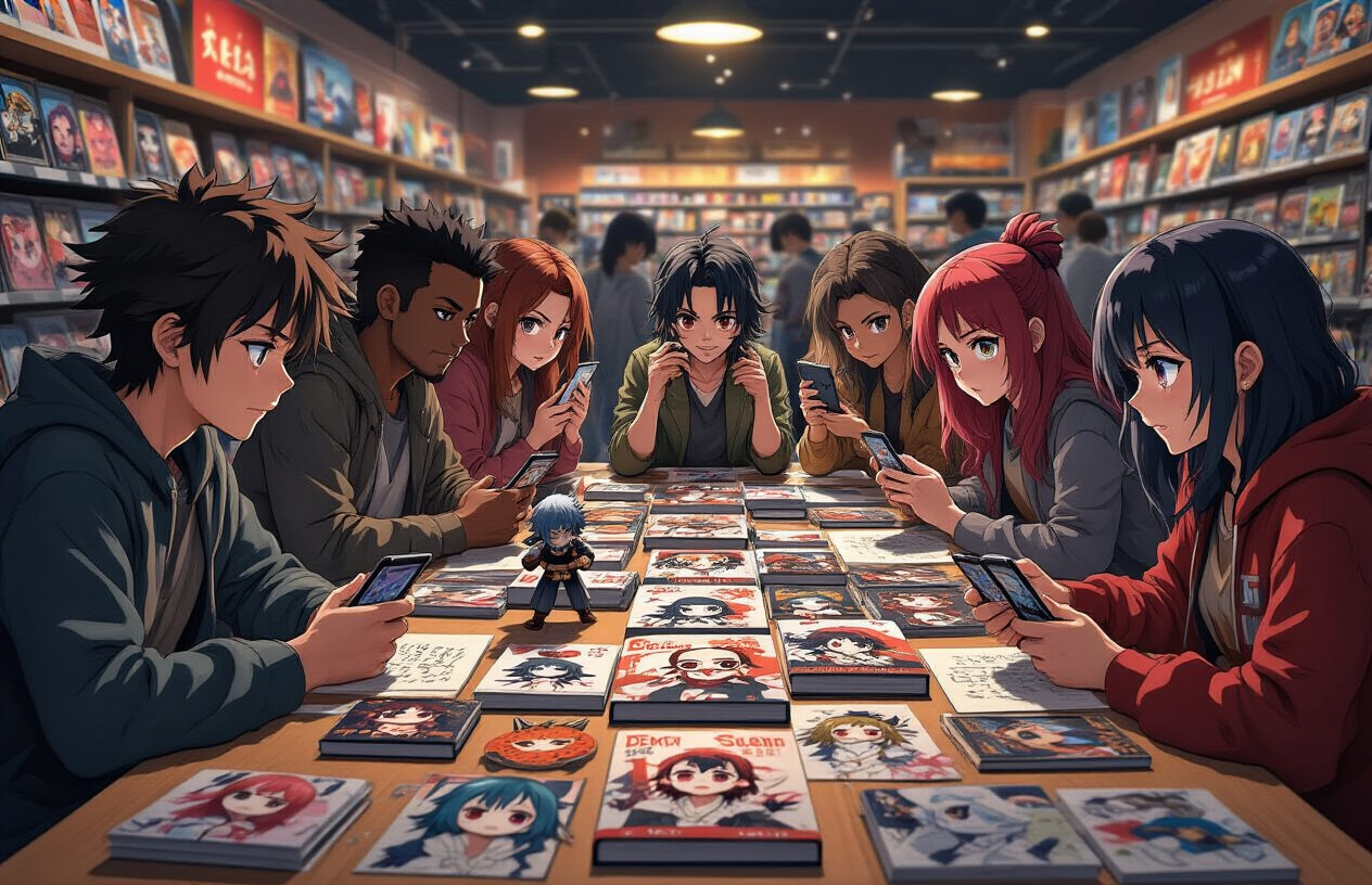 Create a realistic image of a diverse group of anime fans of different races and genders gathered around a large table covered with Demon Slayer merchandise including manga volumes, figurines, and fan art, with some people holding smartphones showing social media discussions, others sketching fan art, and excited expressions on their faces as they engage in animated conversations about the series, set in a modern comic book store or convention center with warm ambient lighting and shelves of anime merchandise visible in the background, capturing the enthusiasm and community aspect of fandom culture, absolutely NO text should be in the scene.