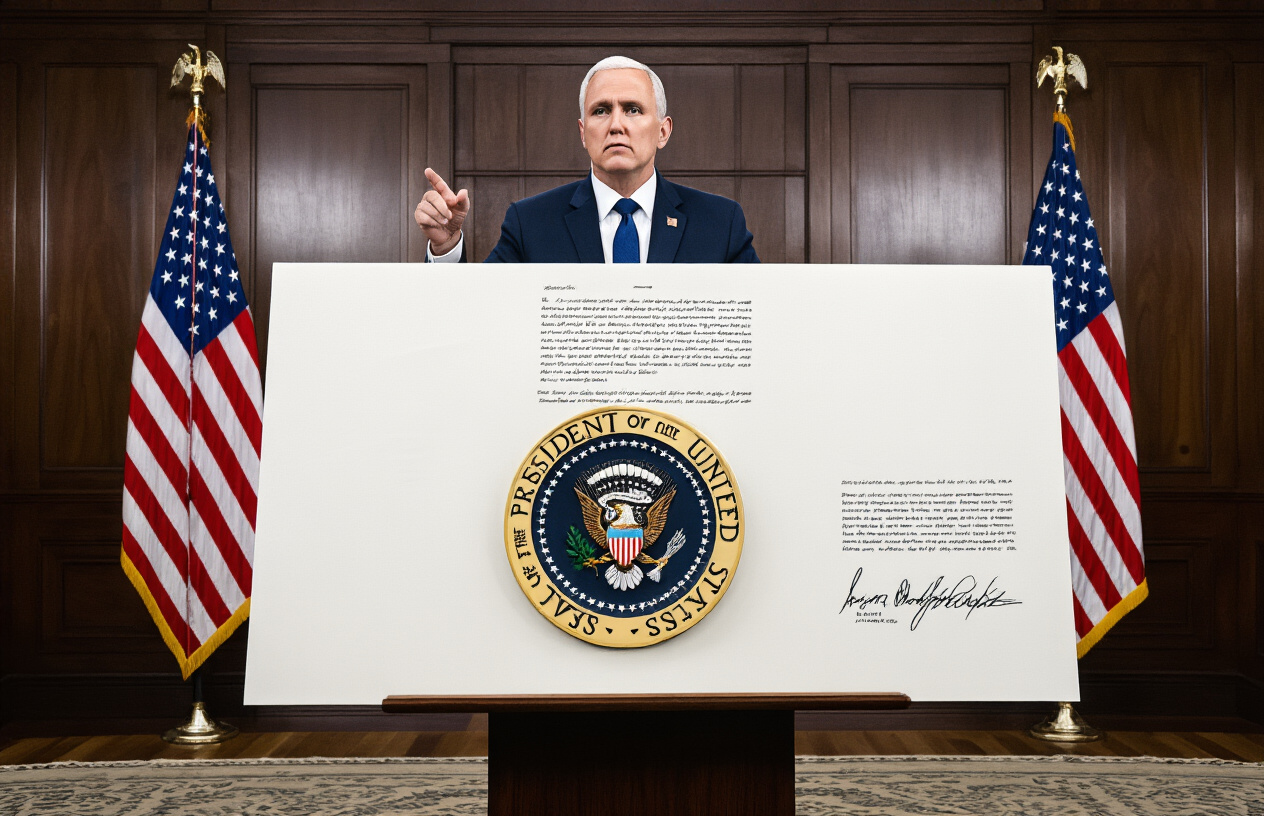 Create a realistic image of a formal government meeting room with dark wood paneling, featuring a white male political figure in a dark suit standing at a podium with the presidential seal, gesturing toward a large official document or executive order on an easel, with American flags in the background, serious lighting creating dramatic shadows, and a formal governmental atmosphere. Absolutely NO text should be in the scene.