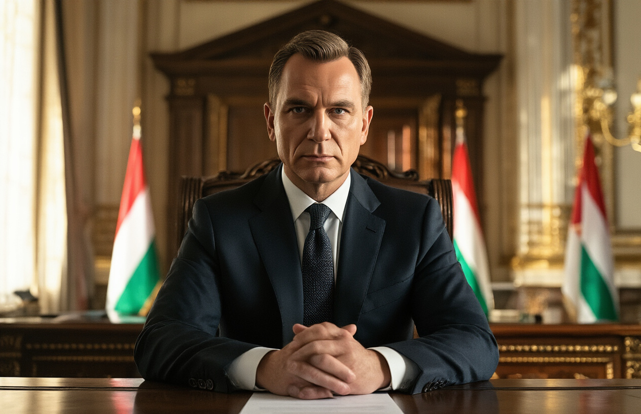 Create a realistic image of a white male politician in a dark suit sitting behind an ornate wooden desk in a formal government office, hands clasped together in a contemplative pose, with Hungarian flags visible in the background, warm amber lighting casting shadows across his face suggesting strategic thinking, ornate government building interior with classical architecture elements, serious and calculated mood conveying political maneuvering, absolutely NO text should be in the scene.