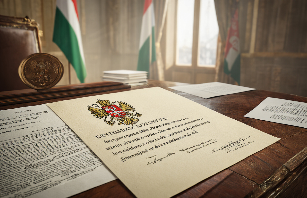 Create a realistic image of an official government document or decree on a wooden desk with the Hungarian coat of arms seal prominently displayed, surrounded by formal paperwork and a Hungarian flag in the background, captured in professional indoor lighting with a serious, formal governmental atmosphere, absolutely NO text should be in the scene.