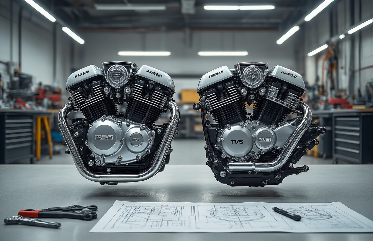 Create a realistic image of two motorcycle engines side by side in a modern workshop setting, with the left engine representing a Hero Xtreme 125R and the right engine representing a TVS Raider 125, both engines are detailed and clearly visible with their internal components partially exposed, chrome and metal finishes gleaming under professional LED lighting, technical engineering blueprints scattered on a clean workbench in the background, high-quality automotive tools nearby, professional workshop atmosphere with clean concrete floors and industrial lighting, focus on the mechanical precision and performance aspects of both engines, absolutely NO text should be in the scene.
