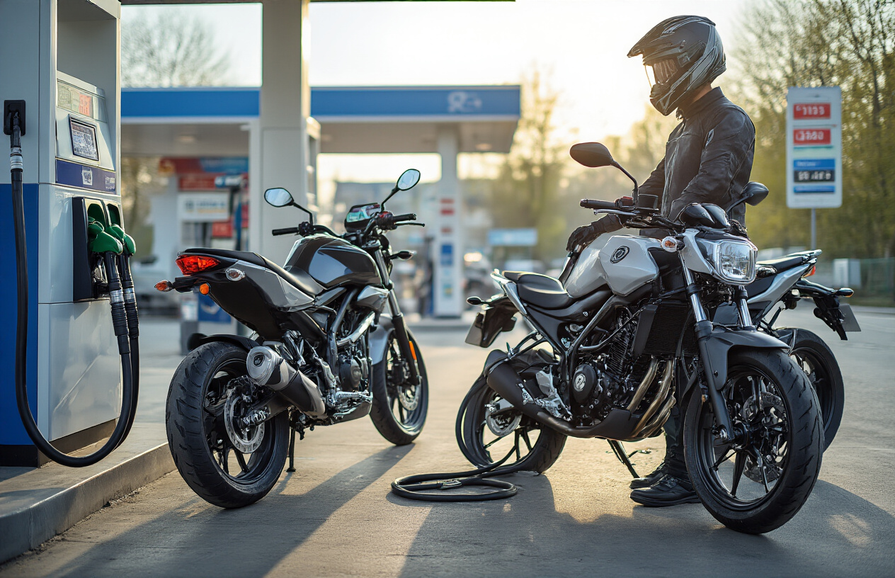 Create a realistic image of two modern 125cc motorcycles side by side at a fuel station, with a fuel pump nozzle filling up one bike's tank while the other waits, showing fuel efficiency meters or gauges on both bikes' dashboards, clean modern petrol station background with price display boards, bright daylight lighting, focus on the bikes' fuel tanks and modern instrument clusters displaying mileage information, absolutely NO text should be in the scene.