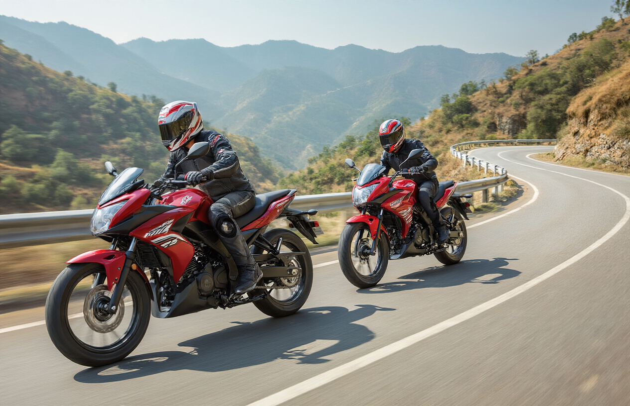 Create a realistic image of two motorcycles, a Hero Xtreme 125R and TVS Raider 125, positioned side by side on a winding mountain road with an Indian male rider in riding gear leaning into a curve on one of the bikes, showing dynamic handling and cornering ability, with scenic hills and curves in the background, bright daylight with clear visibility, motion blur effects to emphasize speed and agility, professional photography style focusing on the bikes' handling characteristics and riding dynamics, absolutely NO text should be in the scene.