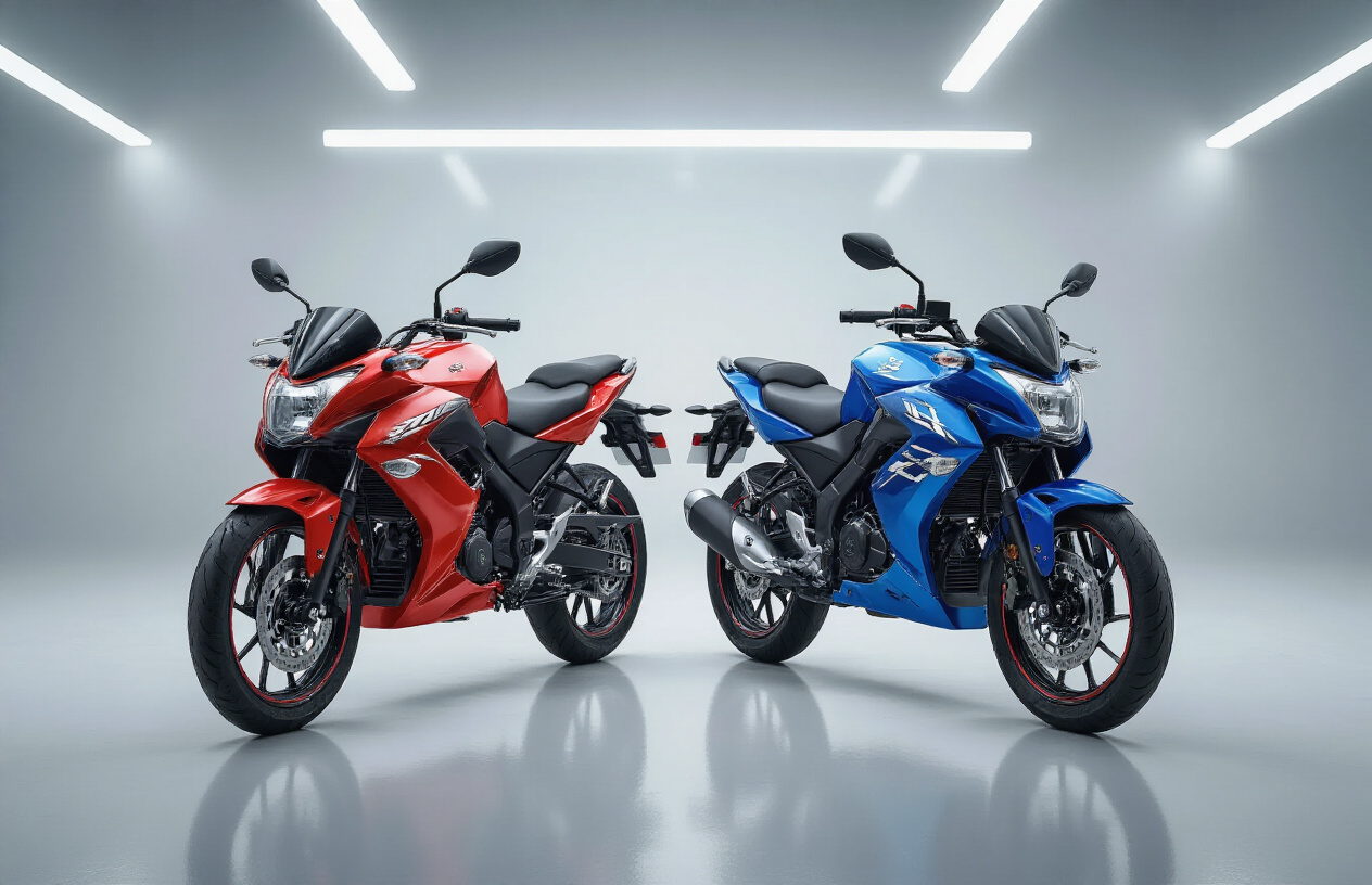 Create a realistic image of two modern 125cc motorcycles positioned side by side in a well-lit showroom setting, with the left motorcycle being a Hero Xtreme 125R in bright red color and the right motorcycle being a TVS Raider 125 in blue color, both bikes displaying their digital instrument clusters, LED headlights, and modern styling features prominently, with a clean white showroom background and professional lighting that highlights the technological features like the digital displays, sleek body panels, and contemporary design elements of both motorcycles, shot from a three-quarter front angle to showcase the front fascia and side profiles clearly, Absolutely NO text should be in the scene.