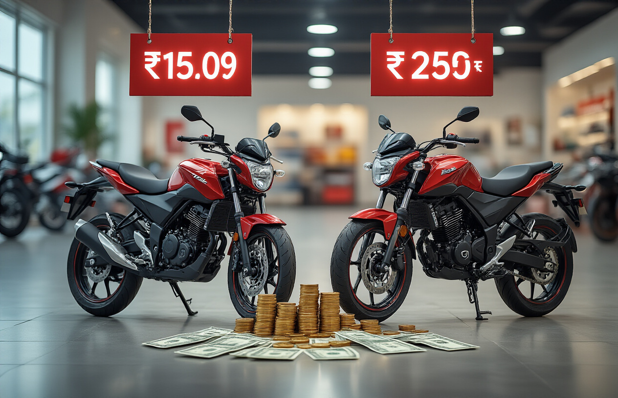 Create a realistic image of two modern motorcycles, Hero Xtreme 125R and TVS Raider 125, positioned side by side in a clean showroom environment with bright price tags hanging above each bike, Indian rupee currency notes and coins scattered artistically around the motorcycles on a polished floor, professional showroom lighting with soft shadows, gleaming motorcycle surfaces reflecting the overhead lights, a subtle background showing a motorcycle dealership interior with blurred display cases, emphasizing the value and pricing comparison theme through the arrangement of money elements and premium presentation of both bikes, absolutely NO text should be in the scene.
