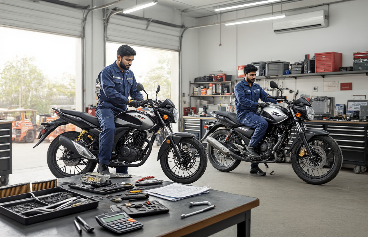 Create a realistic image of a motorcycle service workshop scene with two motorcycles (Hero Xtreme 125R and TVS Raider 125) being serviced, mechanic tools scattered on workbench, oil change equipment, spare parts like air filters and spark plugs, service manual books, calculator showing maintenance costs, Indian male mechanic in uniform working on one bike, workshop environment with proper lighting, clean organized garage setting with tool cabinets in background, absolutely NO text should be in the scene.
