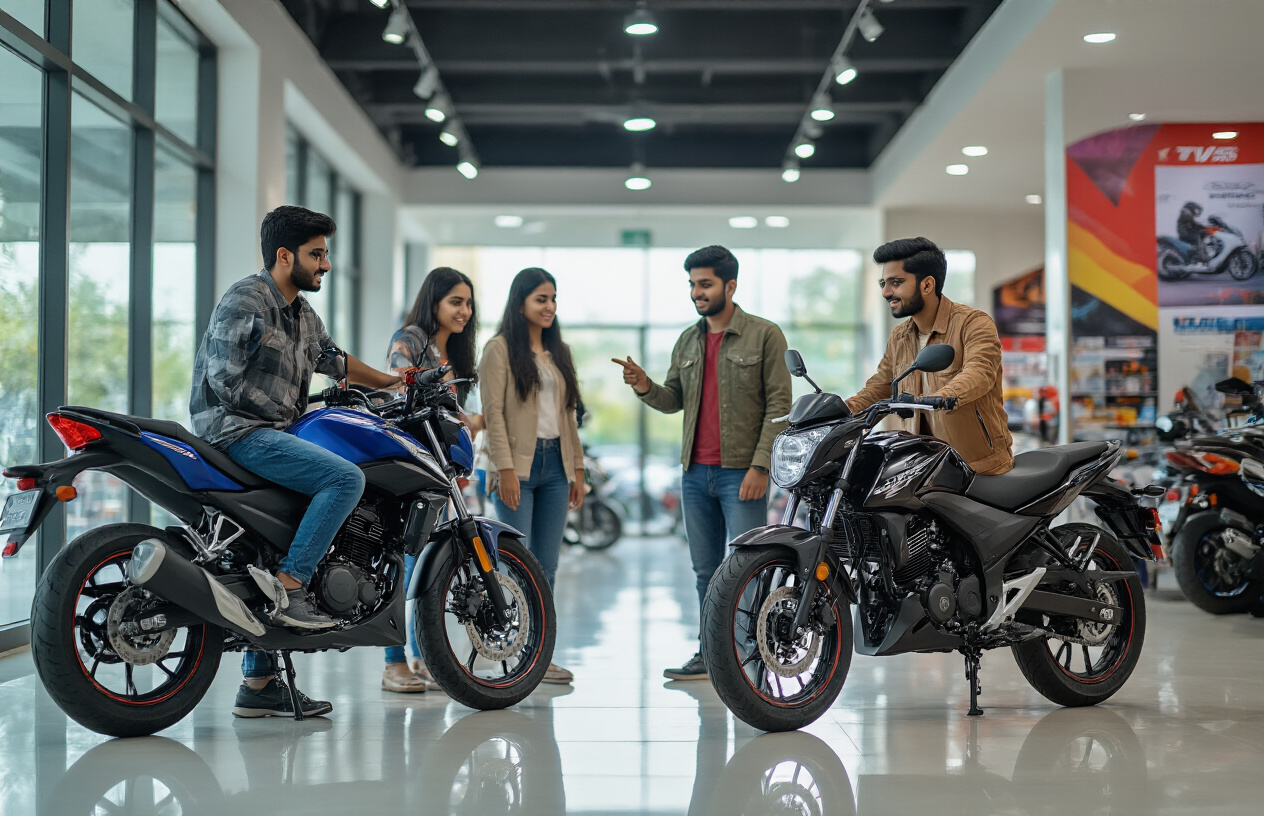 Create a realistic image of a diverse group of young Indian males and females aged 18-35 examining and comparing two motorcycles (Hero Xtreme 125R and TVS Raider 125) in a modern motorcycle showroom, with potential buyers pointing at features, sales representatives explaining specifications, decision-making expressions on faces, bright showroom lighting with glass windows, polished floors reflecting the bikes, and colorful promotional banners in the background, capturing the moment of purchasing decision and target audience evaluation, absolutely NO text should be in the scene.