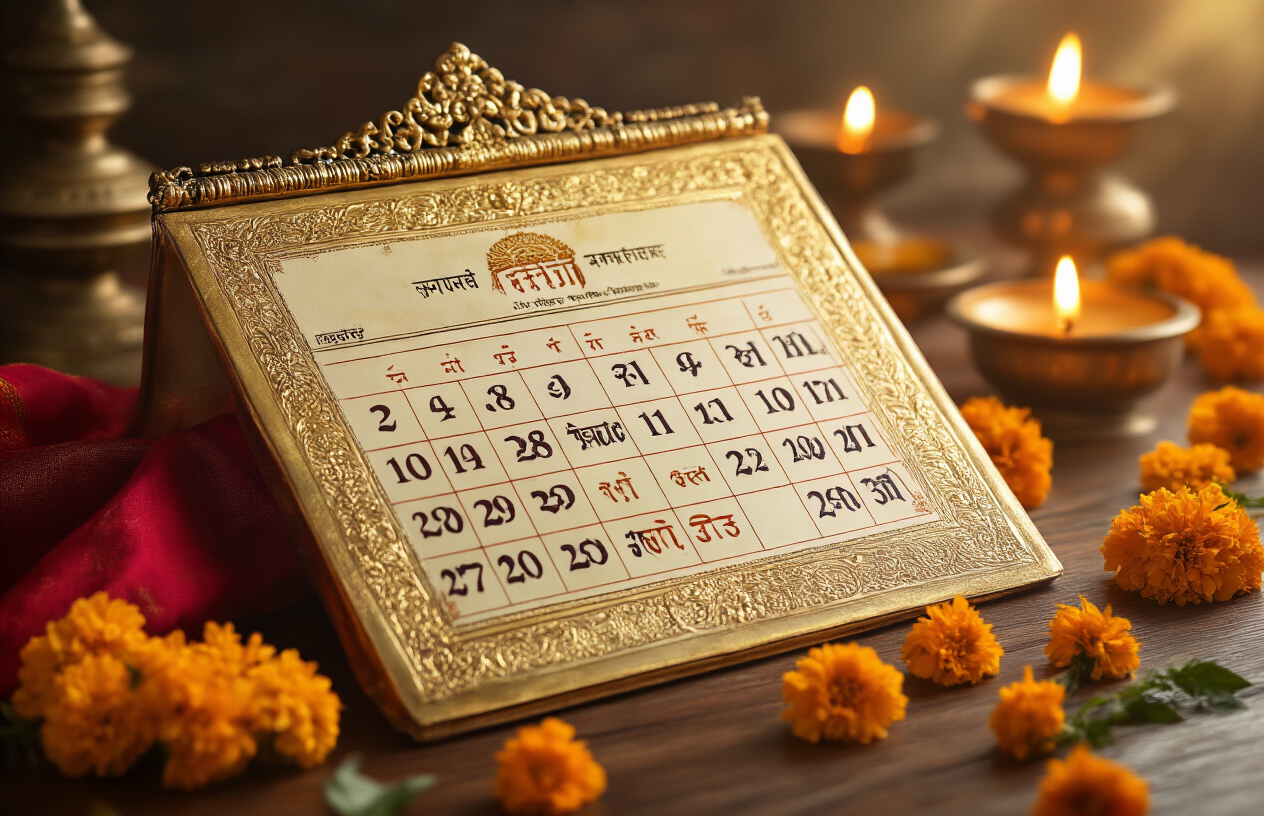 Create a realistic image of a traditional Hindu calendar with highlighted dates for Durga Puja 2025, featuring an ornate golden calendar with Sanskrit numerals and auspicious timing symbols, placed on a wooden table with marigold flowers scattered around, soft warm lighting creating a spiritual atmosphere, traditional brass oil lamps (diyas) glowing softly in the background, red and yellow cloth draped elegantly beside the calendar, creating a festive and sacred mood typical of Hindu religious celebrations, absolutely NO text should be in the scene.