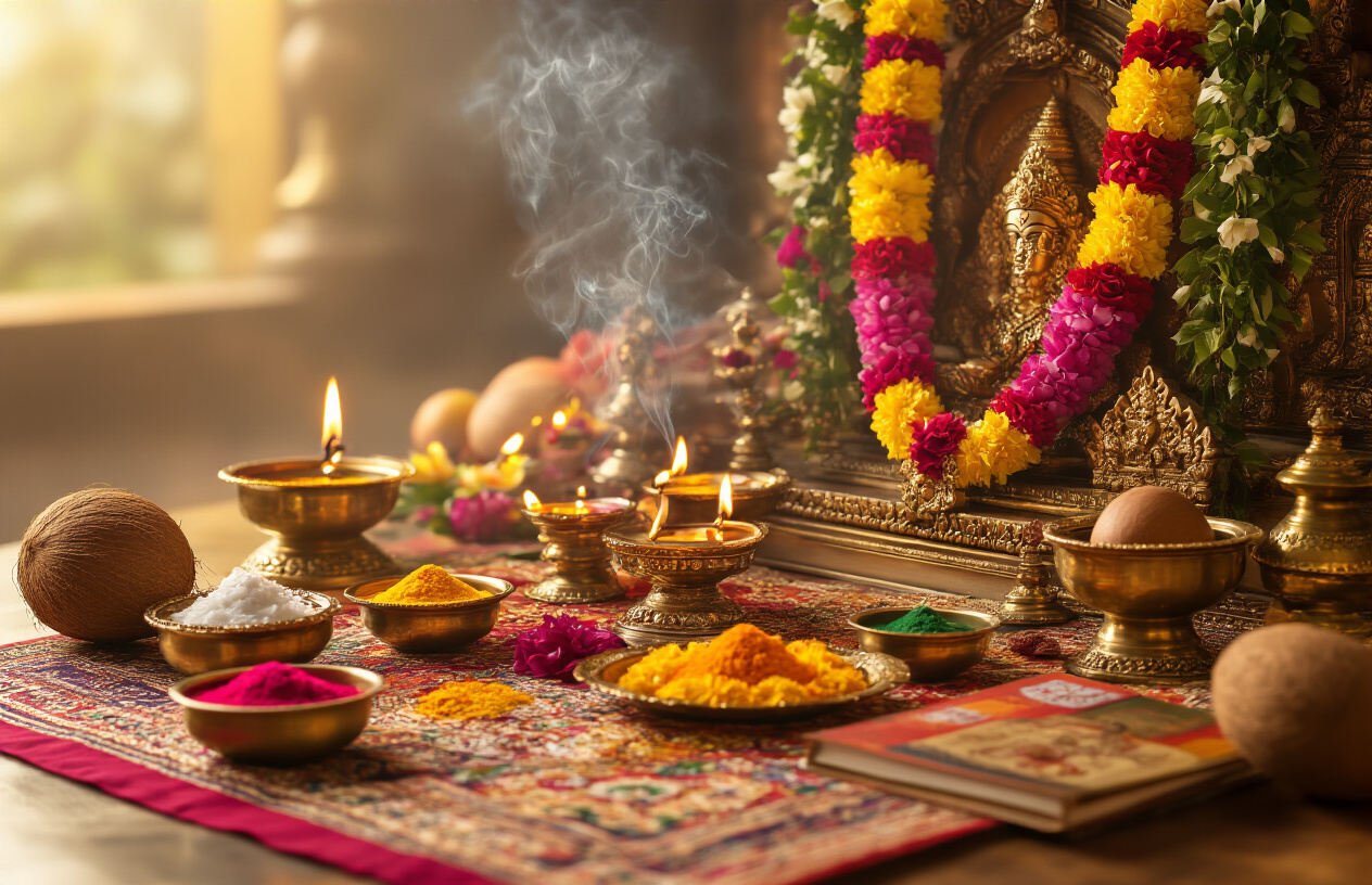 Create a realistic image of an ornate Hindu prayer altar setup for Durga Puja with traditional brass items including diyas (oil lamps), incense sticks burning with smoke, colorful flower garlands, sacred red and yellow powders in small bowls, coconuts, fruits, holy water in brass vessels, prayer books, and ceremonial items arranged on a decorated cloth with intricate patterns, soft warm golden lighting creating a spiritual atmosphere, traditional Indian religious setting with rich colors and textures, absolutely NO text should be in the scene.