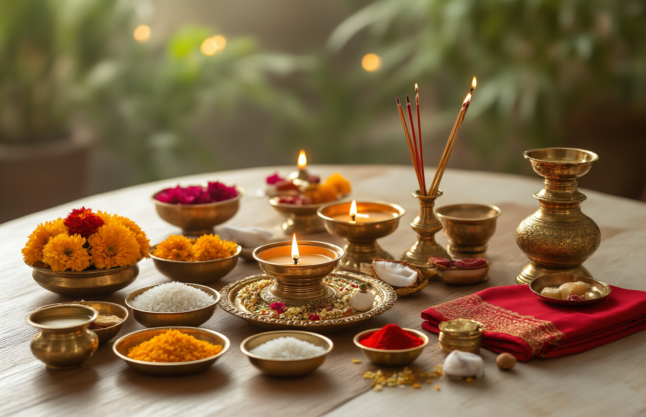 Create a realistic image of a traditional Indian puja preparation setup showing an organized arrangement of essential worship items on a clean wooden table or marble surface, including brass diyas (oil lamps), incense sticks in holders, fresh marigold and rose flowers in small bowls, coconut, rice grains in small containers, red sindoor powder, sandalwood paste, brass kalash (water pot), small brass plates with fruits and sweets, camphor, red cloth pieces, and other ceremonial items neatly arranged for Durga Puja worship, with soft warm lighting creating a sacred and peaceful atmosphere, absolutely NO text should be in the scene.