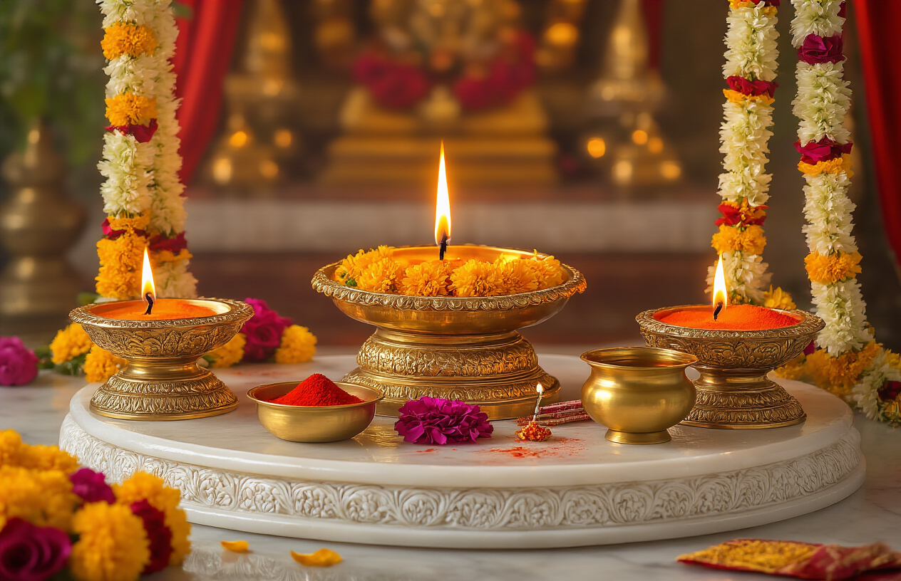Create a realistic image of a beautifully decorated Hindu temple altar with five distinct ritualistic elements prominently displayed: ornate brass oil lamps (diyas) with flickering flames, colorful flower garlands made of marigolds and roses, traditional incense sticks releasing fragrant smoke, sacred red vermillion powder (sindoor) in small decorative bowls, and holy water in brass vessels, all arranged on a marble platform with intricate carvings, surrounded by warm golden lighting that creates a divine and peaceful atmosphere, with silk drapes in red and gold colors visible in the background, absolutely NO text should be in the scene.
