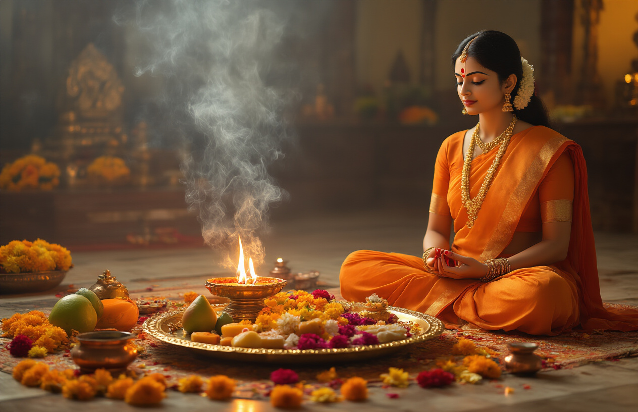 Create a realistic image of a serene Indian household scene showing the aftermath of Durga Puja worship with blessed offerings including fruits, sweets, flowers, and prasad arranged on a decorated brass plate, burning incense sticks creating gentle smoke, a glowing diya lamp, vermillion tilaka marks, and holy water in a small copper vessel, with an Indian female devotee in traditional orange saree sitting peacefully in meditation pose with joined palms, surrounded by marigold petals scattered on the floor, warm golden lighting creating a spiritual atmosphere in a traditional home temple setting, Absolutely NO text should be in the scene.