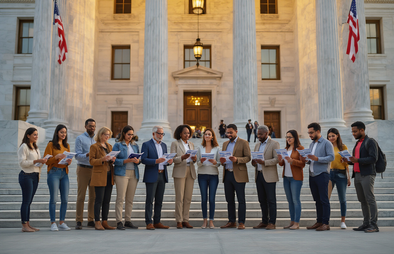 Create a realistic image of a diverse group of citizens including white, black, Hispanic, and Asian men and women of various ages standing together in front of a classical government building with marble columns and steps, holding voting pamphlets and civic education materials, with some people engaged in thoughtful discussion while others are reading informational brochures, set during golden hour lighting that creates a warm and inspiring atmosphere, with American flags visible in the background and the overall scene conveying unity, civic engagement, and democratic participation, absolutely NO text should be in the scene.