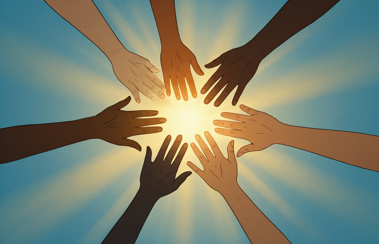 Create a realistic image of diverse hands of different skin tones coming together in the center of the frame, symbolizing unity and collective power, with a bright golden light emanating from where the hands meet, set against a soft gradient background transitioning from deep blue to warm amber, creating an uplifting and empowering atmosphere that conveys hope and transformation, with subtle rays of light radiating outward to suggest positive change and impact, absolutely NO text should be in the scene.