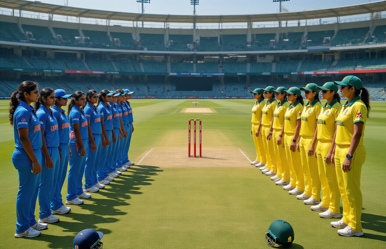 Create a realistic image of two female cricket teams positioned on opposite sides of a professional cricket ground during daytime, with Indian women cricketers on the left wearing blue jerseys and Australian women cricketers on the right wearing yellow jerseys, both teams standing in formation showcasing their squad lineup, with a cricket stadium backdrop featuring empty spectator stands, green cricket pitch in the center, wickets visible, bright natural lighting creating clear shadows, professional sports atmosphere with team analysis setup including cricket equipment like bats and helmets placed strategically, absolutely NO text should be in the scene.
